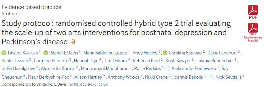 Study protocol: randomised controlled hybrid type 2 trial evaluating the scale-up of two arts interventions for postnatal depression and Parkinson’s disease