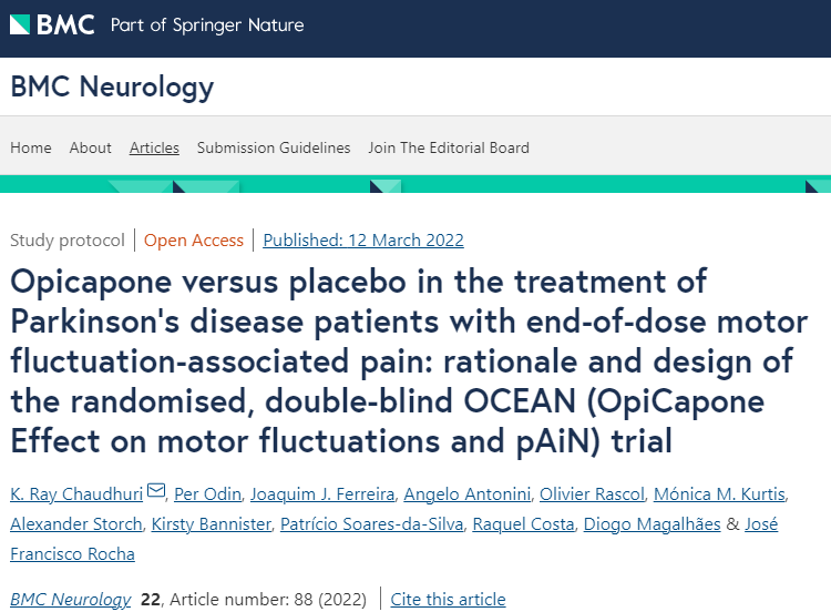 Opicapone versus placebo in the treatment of Parkinson’s disease patients with end-of-dose motor fluctuation-associated pain: rationale and design of the randomised, double-blind OCEAN (OpiCapone Effect on motor fluctuations and pAiN) trial.