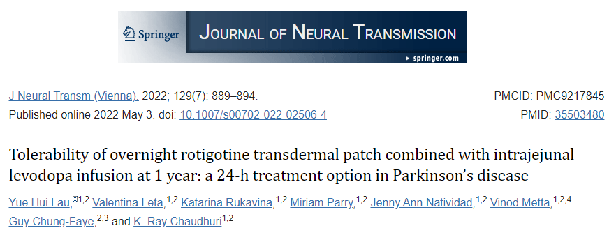 Tolerability of overnight rotigotine transdermal patch combined with intrajejunal levodopa infusion at 1 year: a 24-h treatment option in Parkinson’s disease